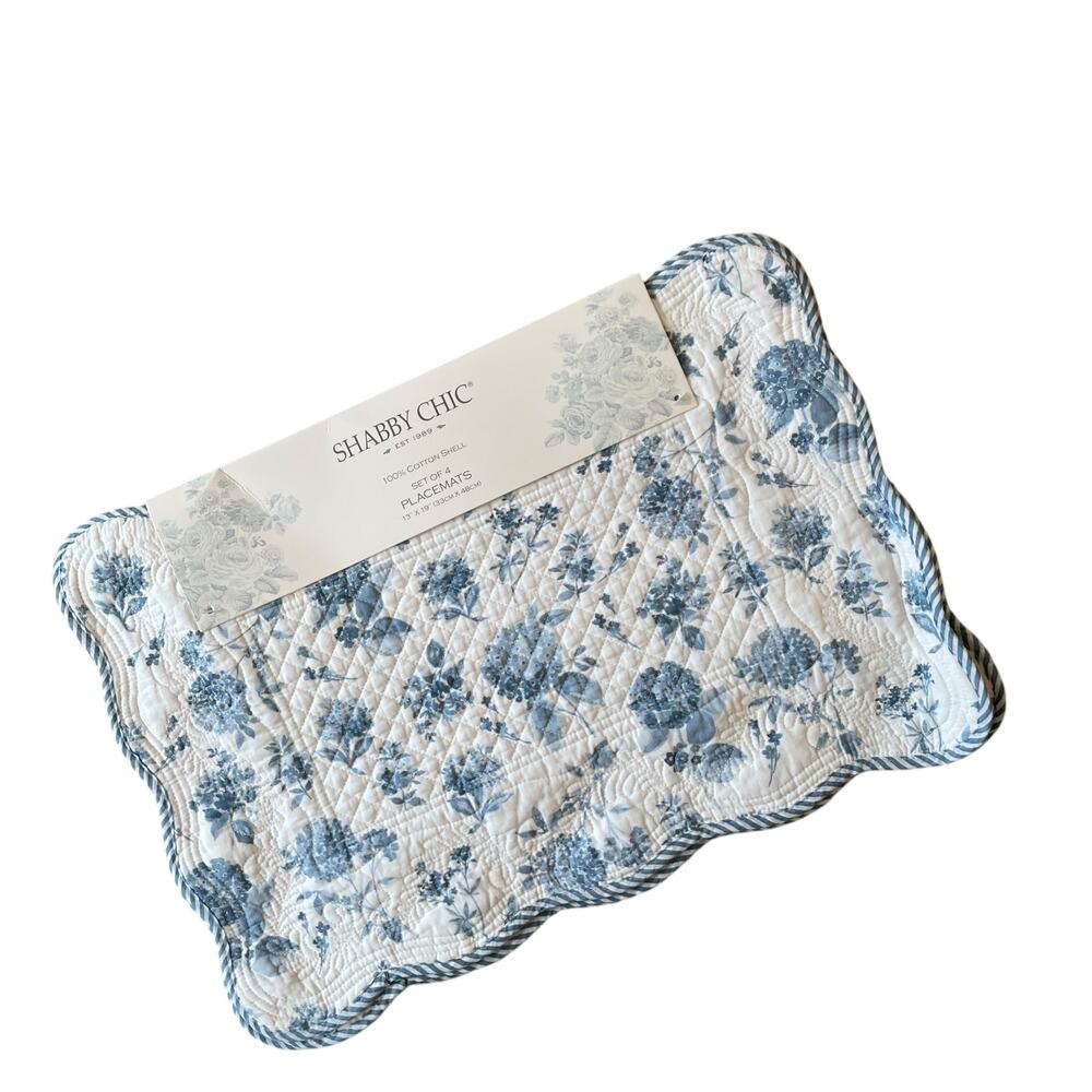 Shabby Chic Placemats Blue Hydrangea Reverse Stripes 13x19 Set of 4 Cotton NEW - Picture 7 of 15